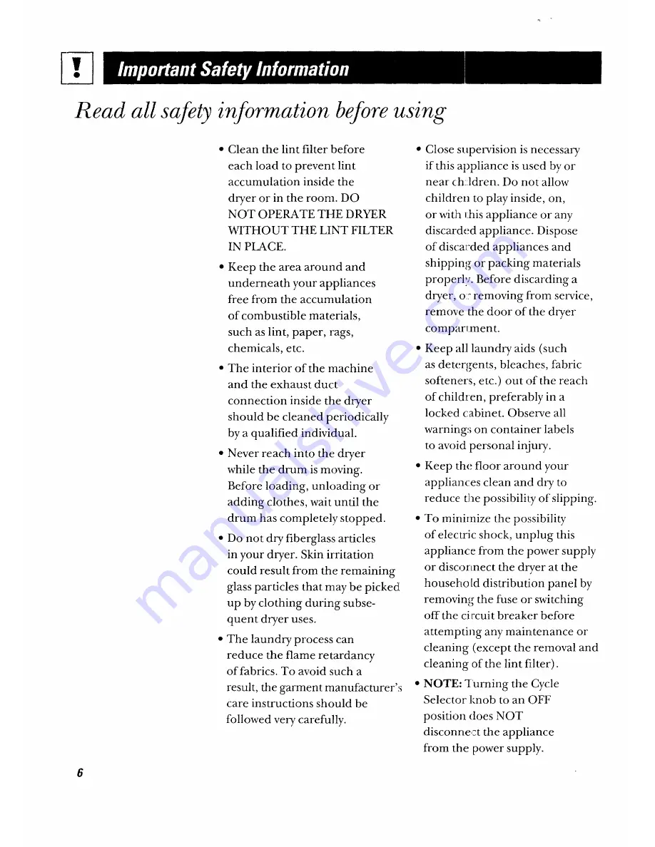 GE DRYER DWLR473GT Owner'S Manual Download Page 6