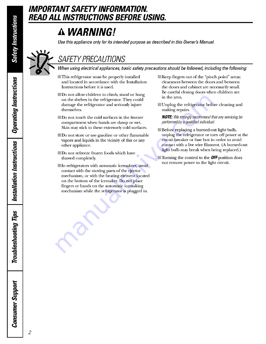 GE GBS18HBPABB and Owner'S Manual And Installation Instructions Download Page 2