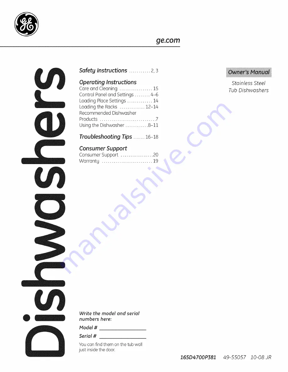 GE GDWT100R30WW Owner'S Manual Download Page 1