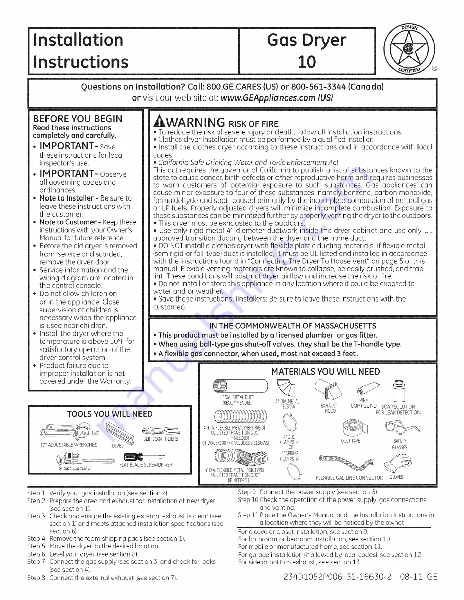 GE GFDN240GL1WW Installation Instructions Manual Download Page 1