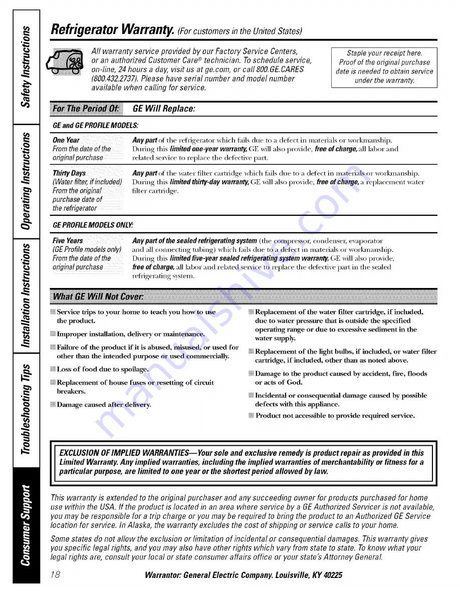 GE GSH22JFTDWW Owner'S Manual Download Page 18