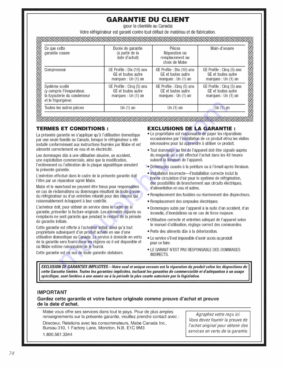 GE GSS23QSWKSS and Owner'S Manual And Installation Download Page 74