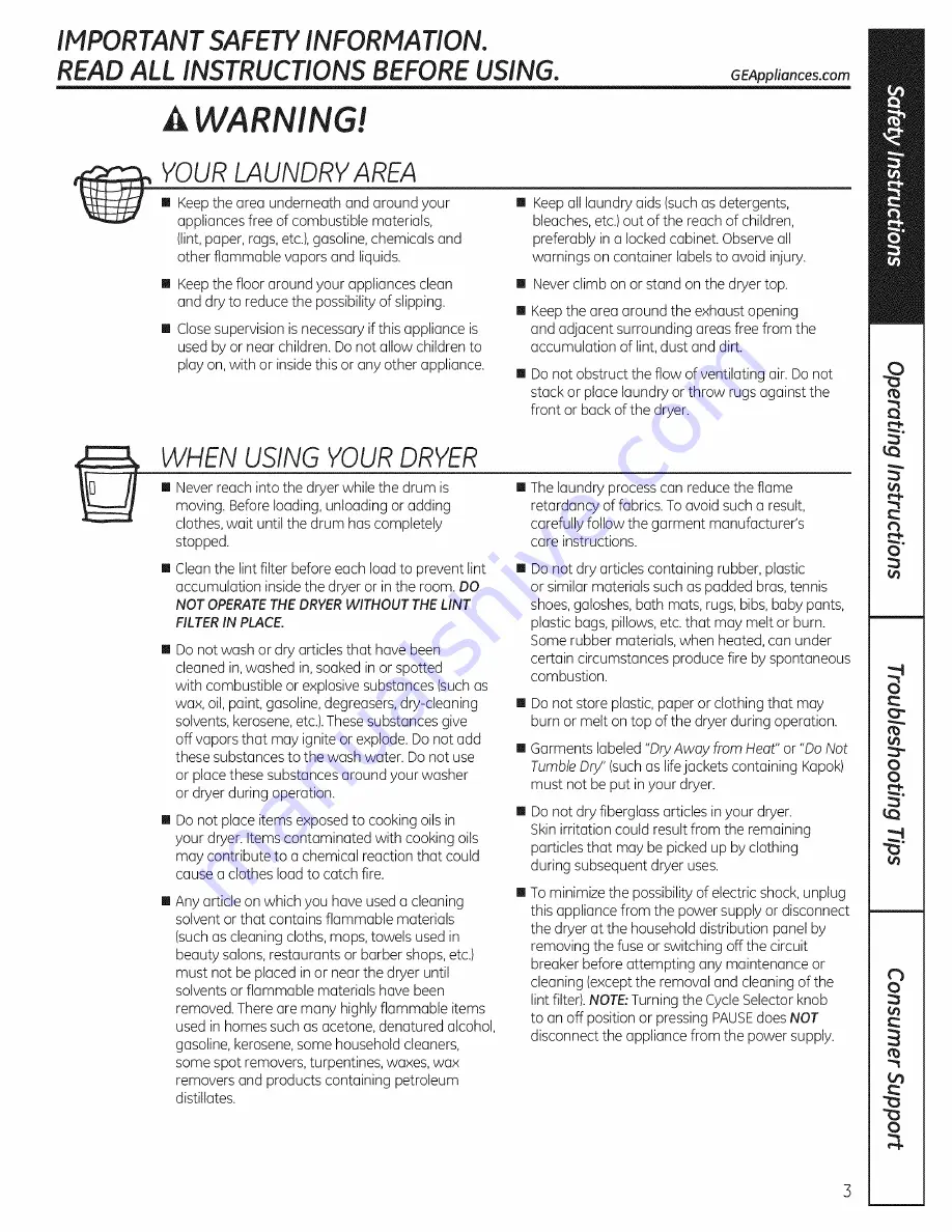 GE GTDP180ED4WW Owner'S Manual Download Page 3