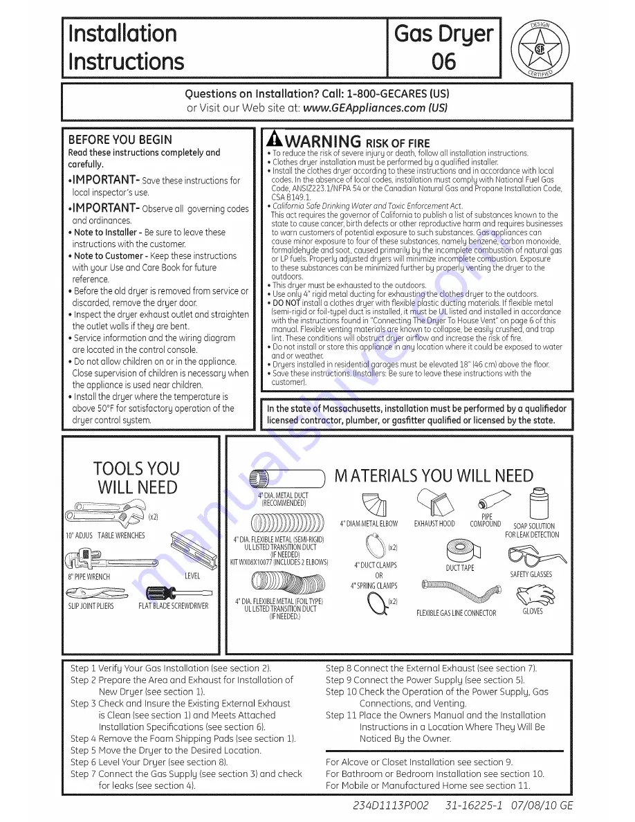 GE GTDP301GL1WS Installation Instructions Manual Download Page 1