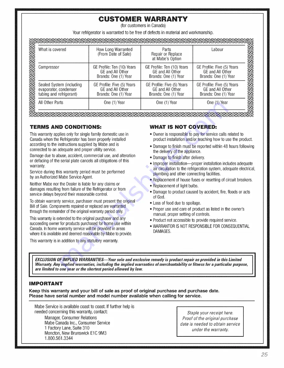 GE GTH18DCXALWW and Owner'S Manual And Installation Instructions Download Page 25