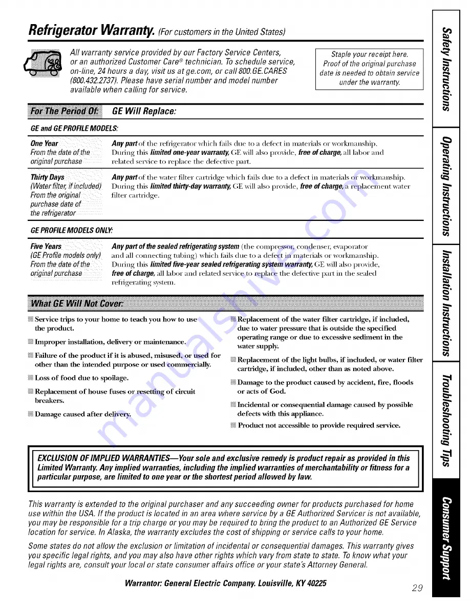 GE GTH18KBXBRCC and Owner'S Manual And Installation Instructions Download Page 29