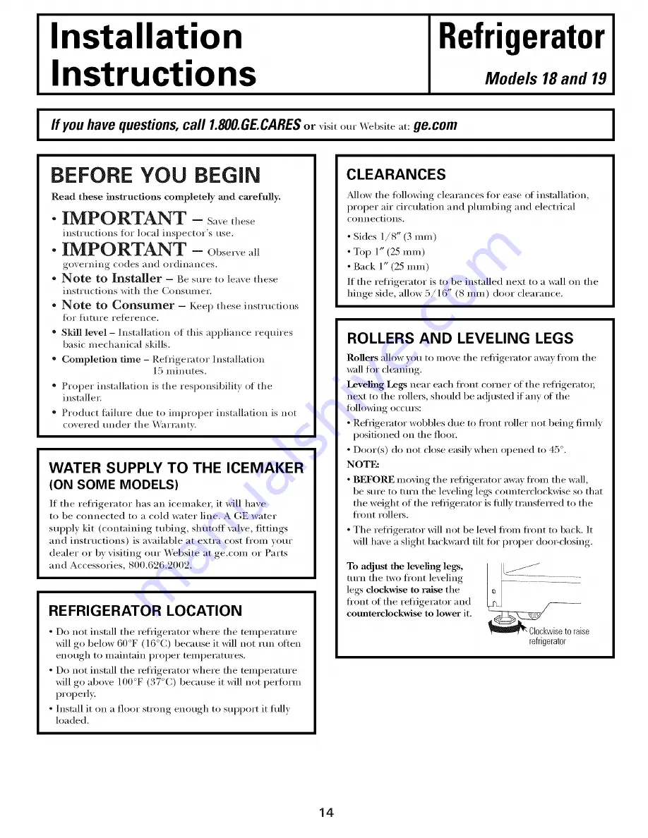 GE GTH18SBXARSS and Owner'S Manual And Installation Instructions Download Page 14