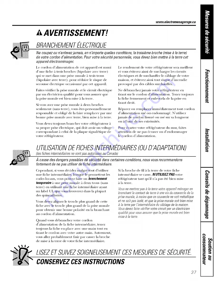 GE GTS18TCSABB and Owner'S Manual And Installation Instructions Download Page 37