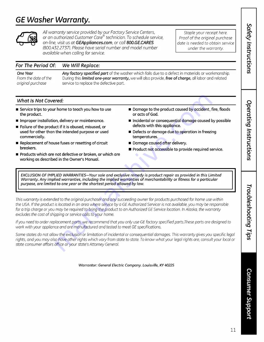 GE GTWN4950L0WS Owner'S Manual Download Page 11