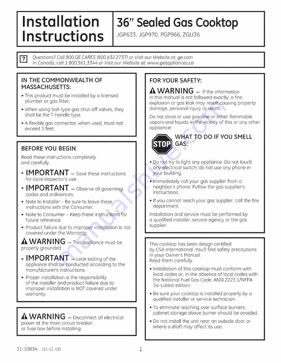 GE JGP633 Installation Instructions Manual Download Page 1