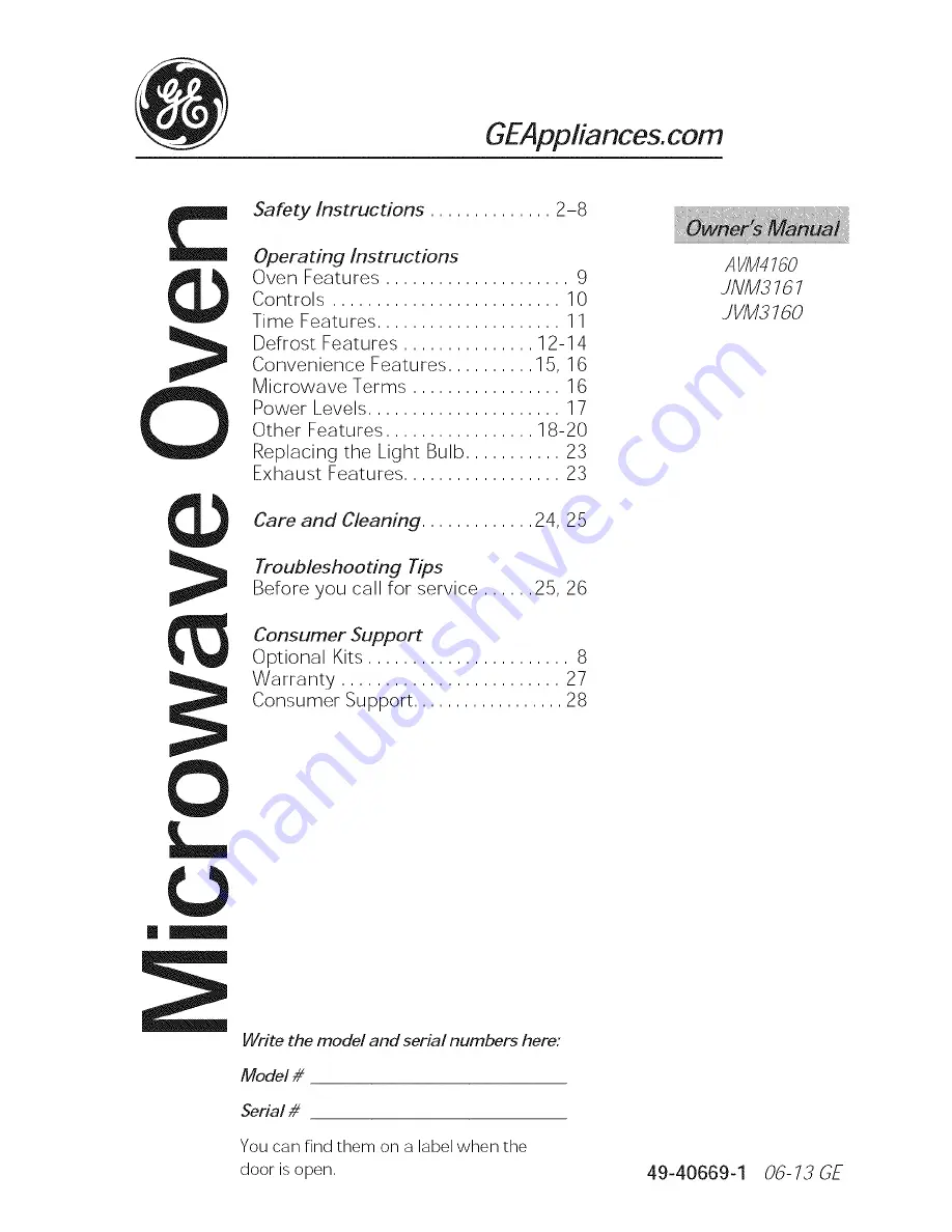 GE JNM3161DF1WW Owner'S Manual Download Page 1