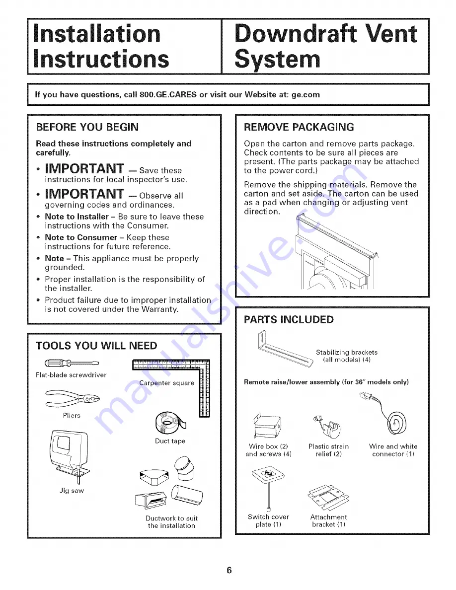 GE JVB94 Owner'S Manual And Installation Instructions Download Page 6