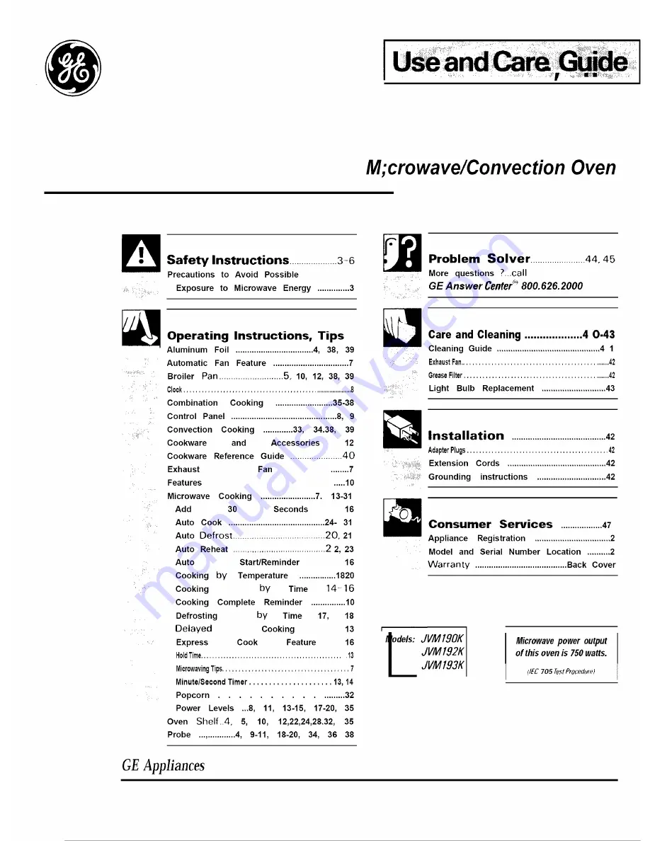 GE JVM192K Use And Care Manual Download Page 1