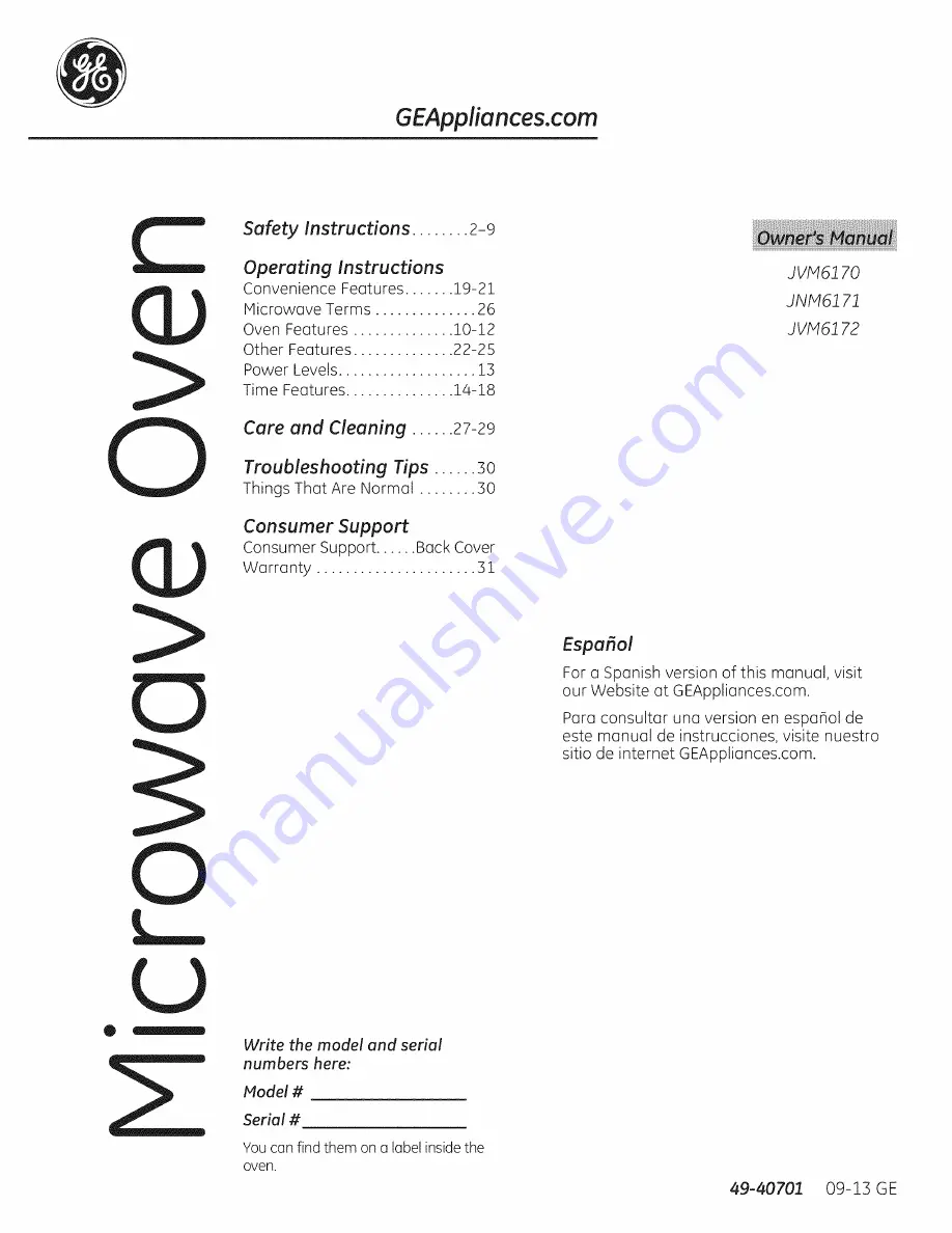 GE JVM6170 Owner'S Manual Download Page 1