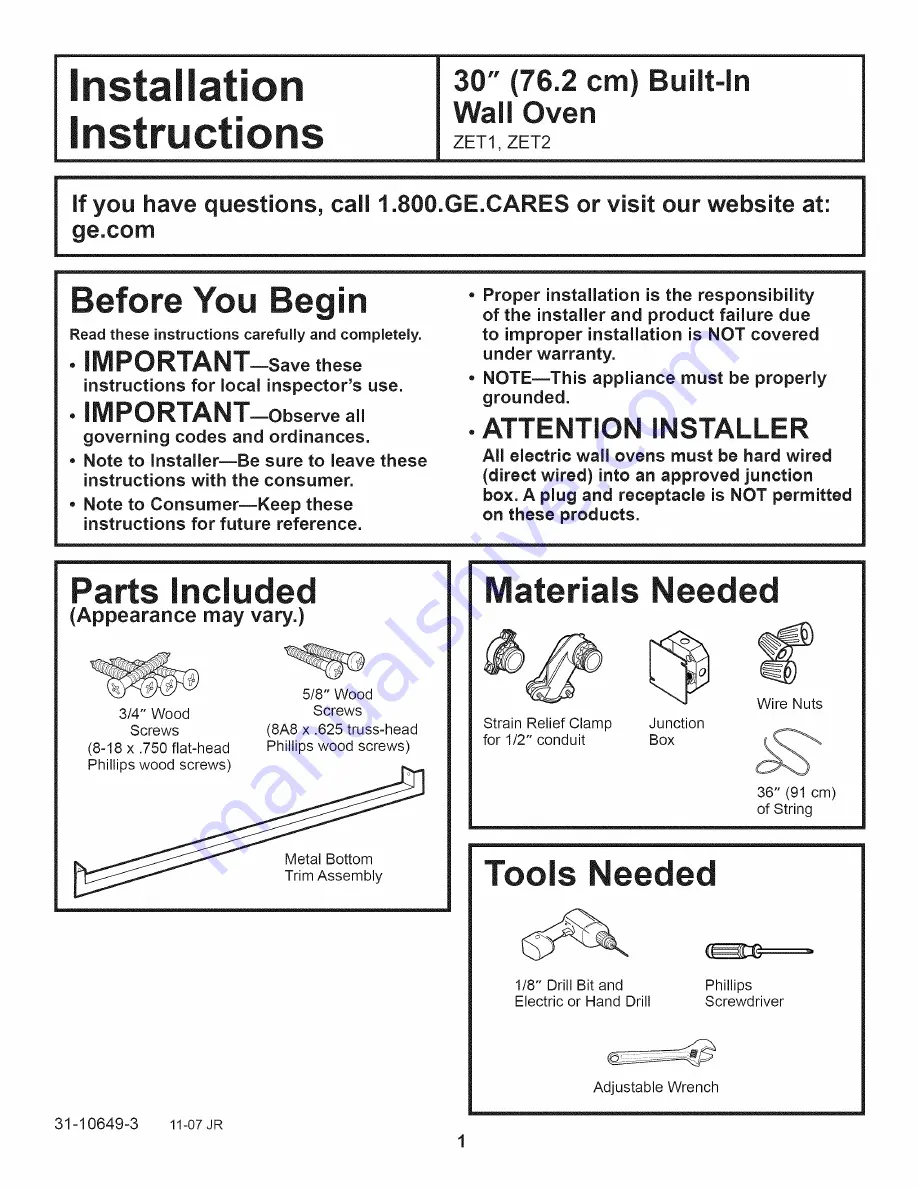 GE Monogram ZET2 Installation Instructions Manual Download Page 1