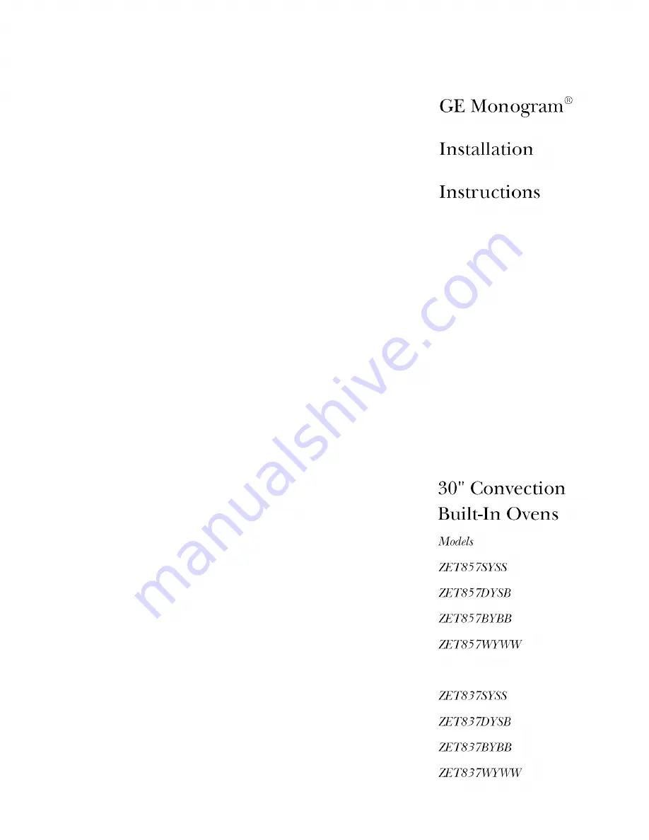 GE Monogram ZET857SYSS Installation Instructions Manual Download Page 1