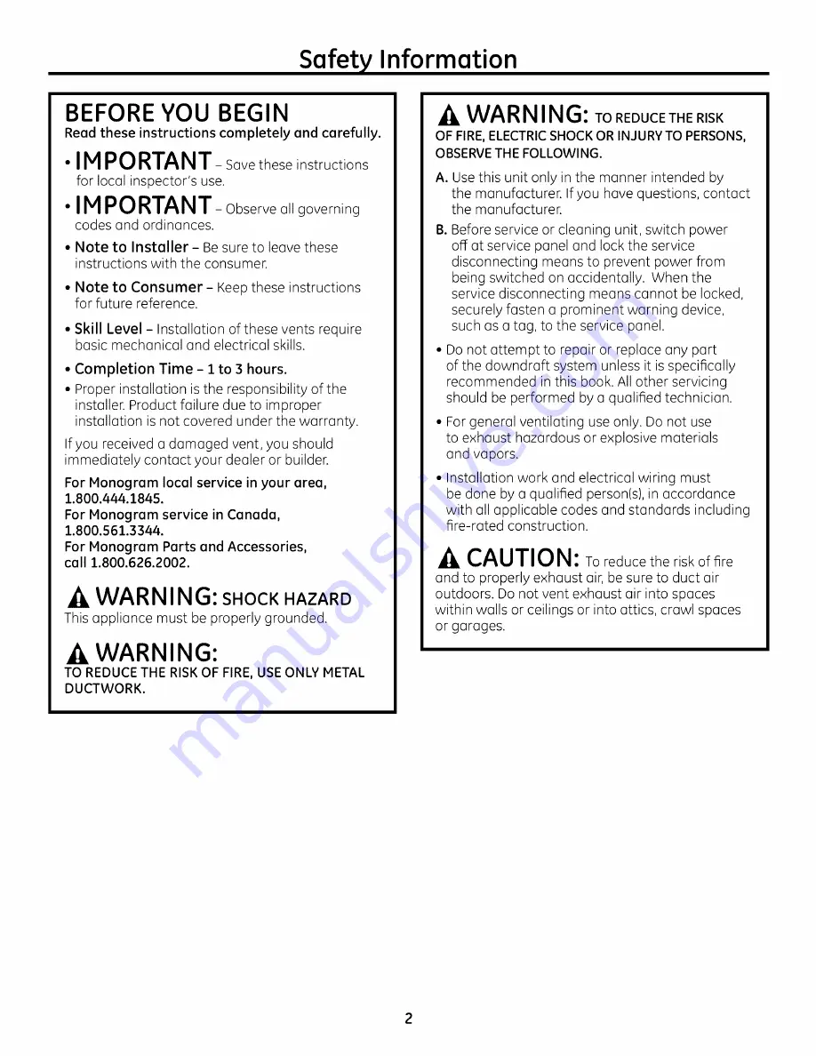 GE Monogram ZVB36 Installation Instructions Manual Download Page 2