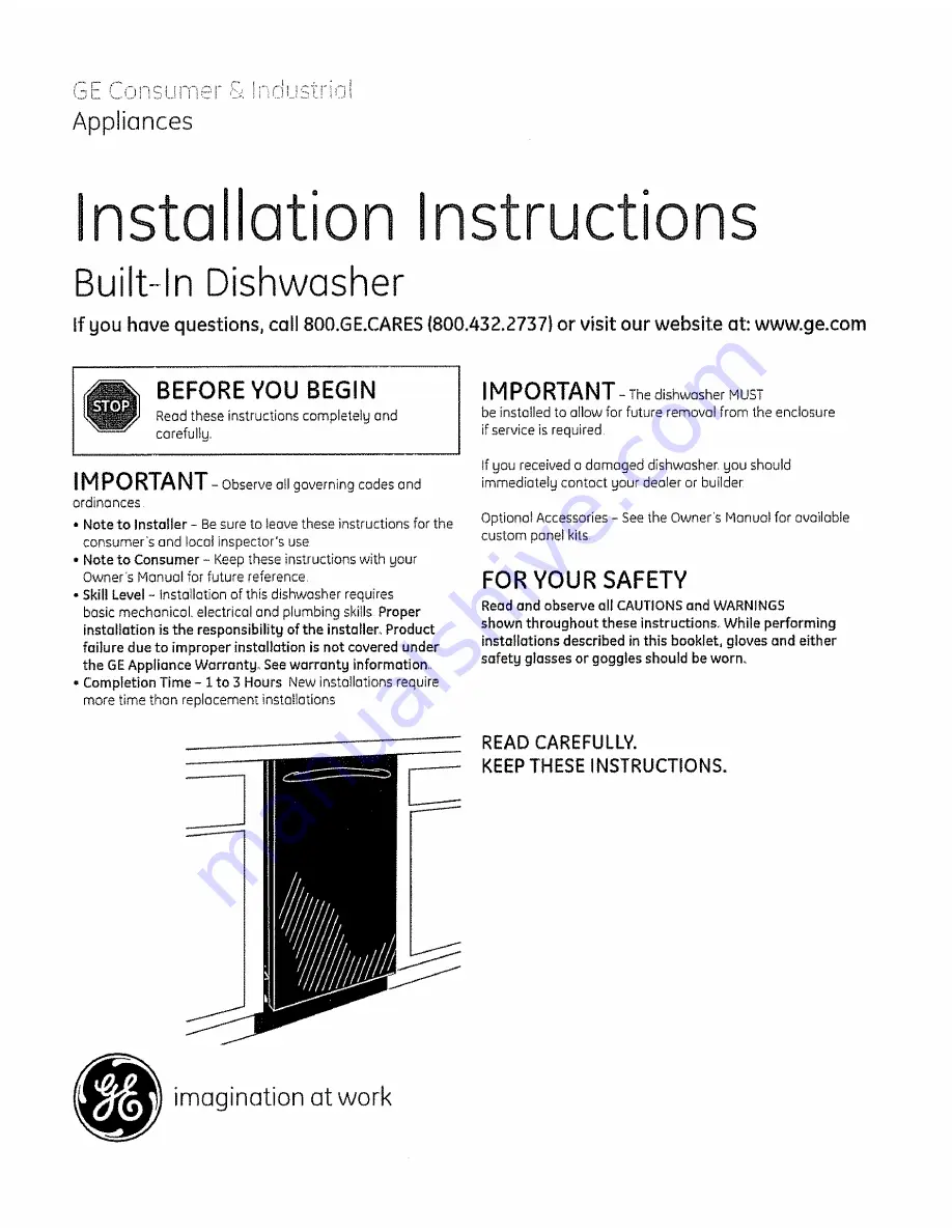 GE PDW1800N01WW Installation Instructions Manual Download Page 1