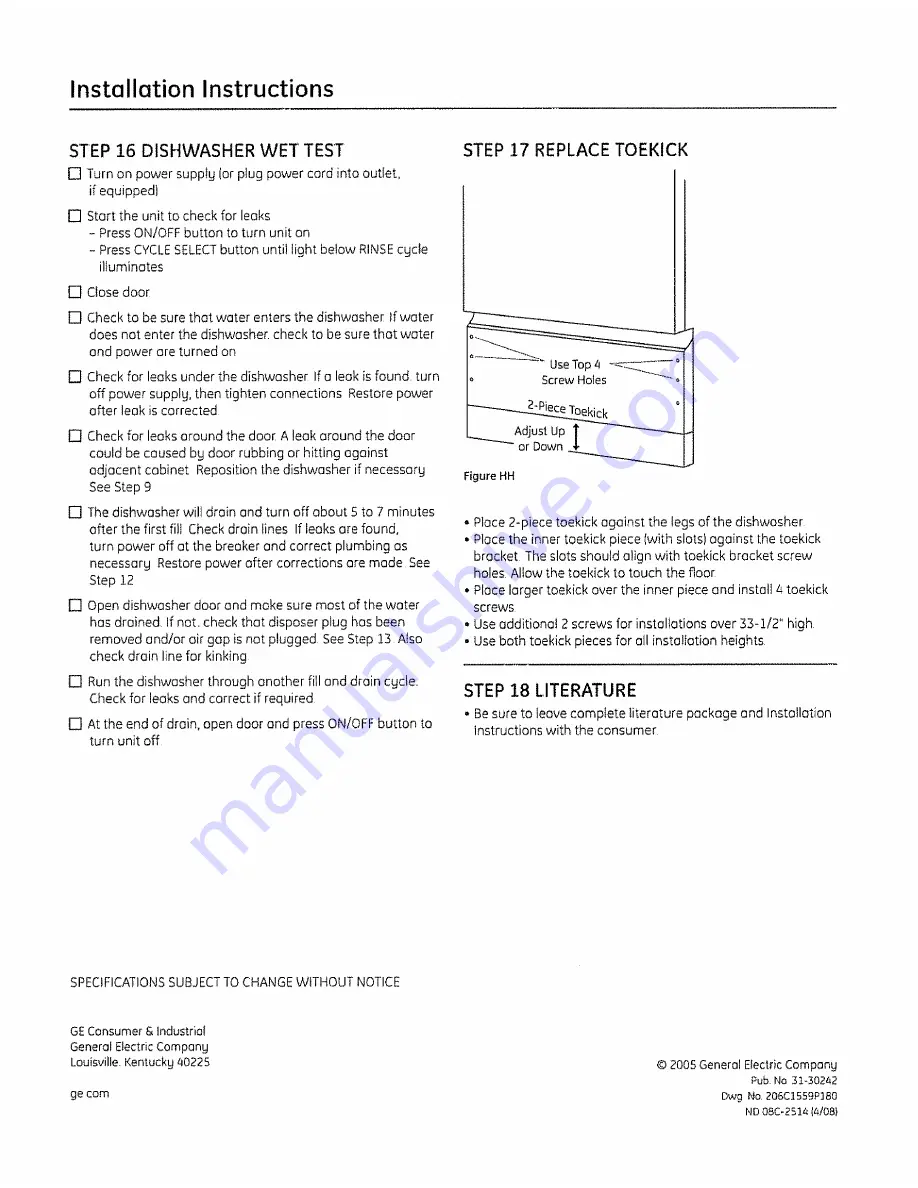 GE PDW1800N01WW Installation Instructions Manual Download Page 12