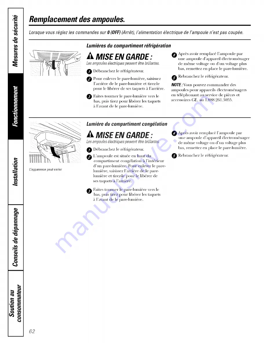 GE PFIC1NFWCWV and Owner'S Manual And Installation Instructions Download Page 62