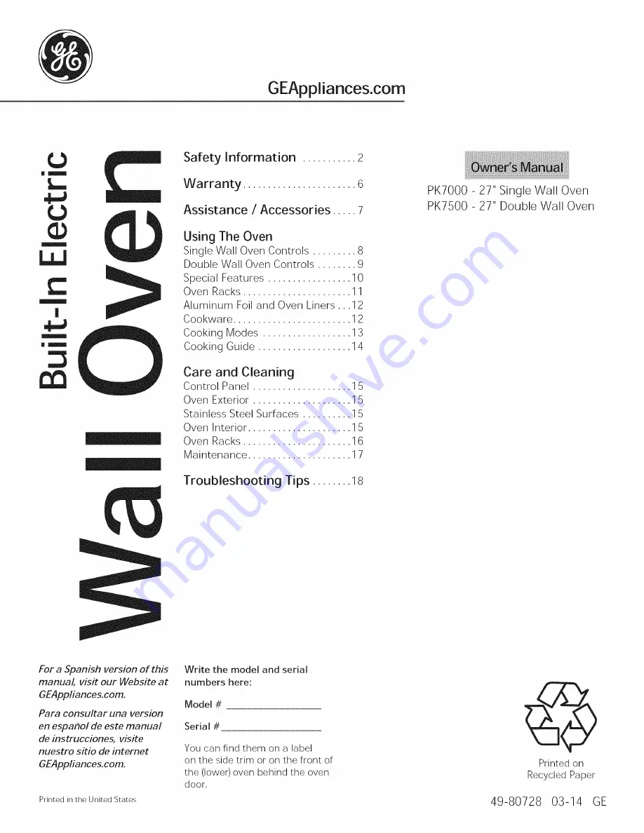 GE PK7000DF2WW Owner'S Manual Download Page 1