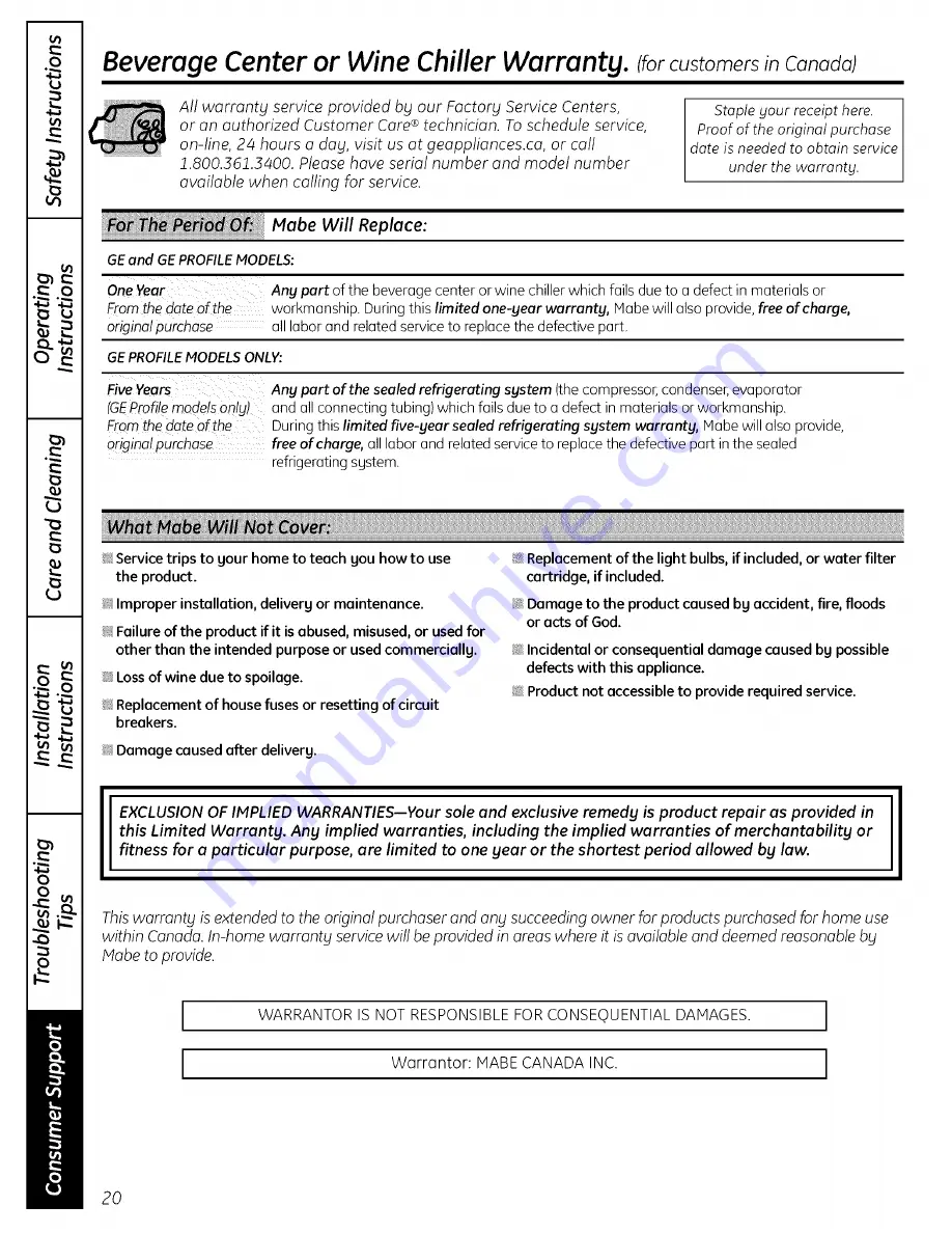 GE Profile PCR06WATSS Owner'S Manual And Installation Instructions Download Page 20