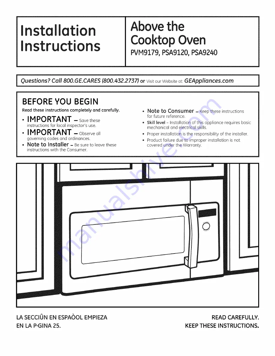 GE PSA9120SF1SS Installation Manual Download Page 1