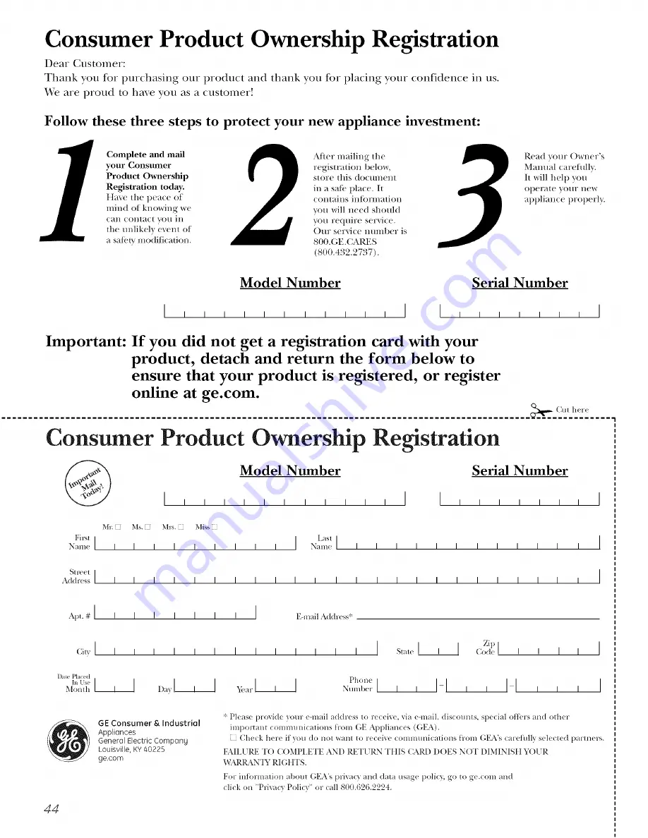 GE PSF26NGPCBB and Owner'S Manual And Installation Download Page 44