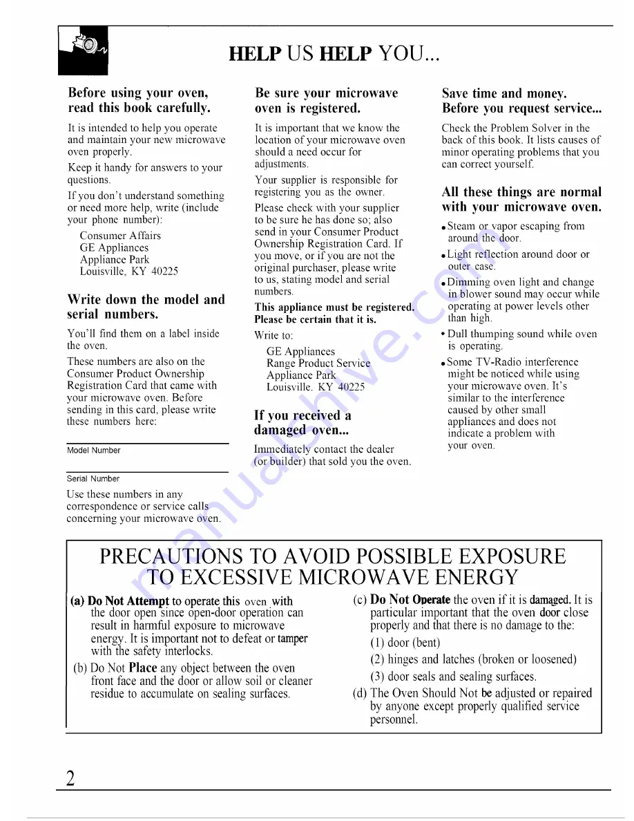 GE Spacemaker JVM140K04 Owner'S Manual Download Page 2