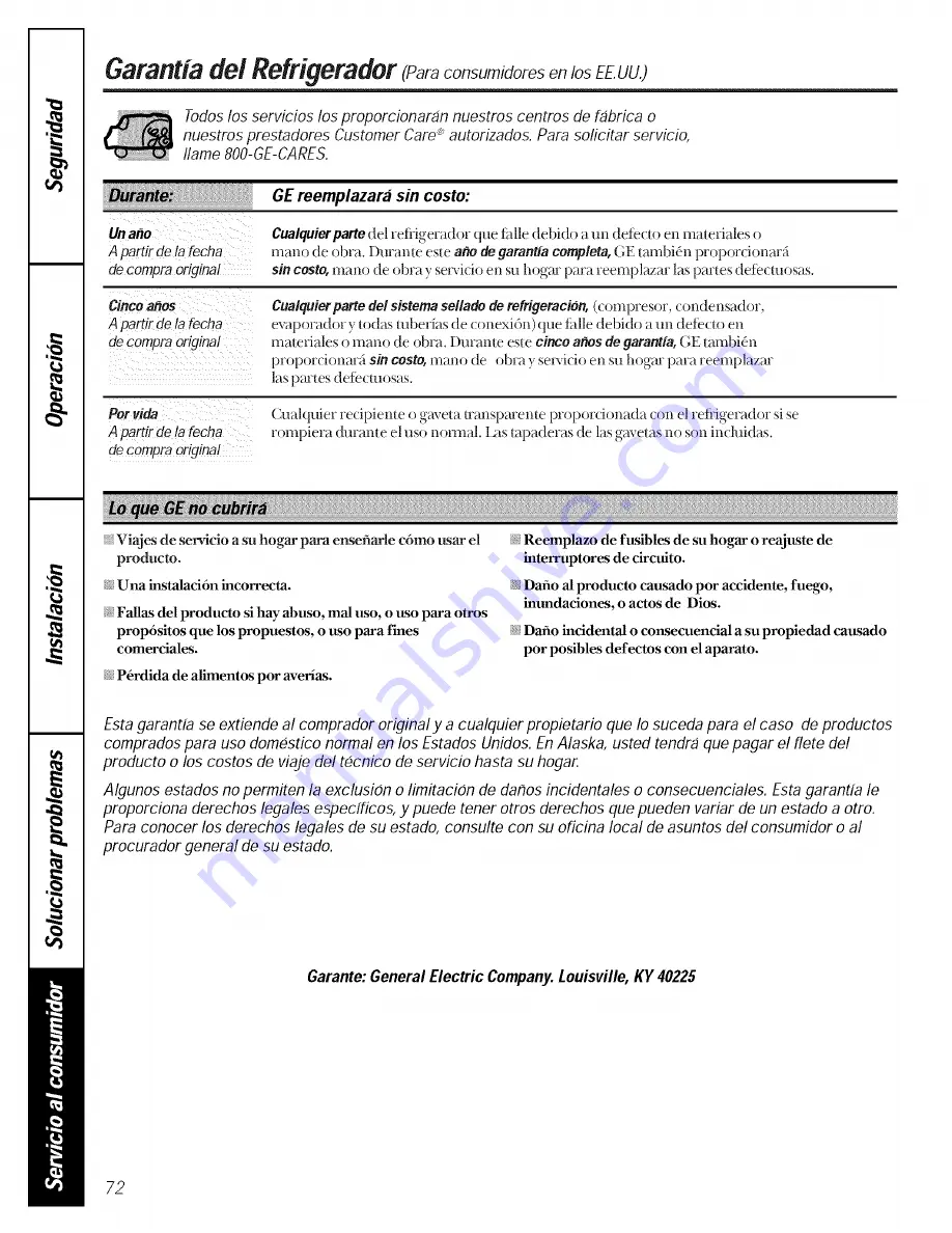 GE TFX20JAXFWW Owner'S Manual Download Page 72