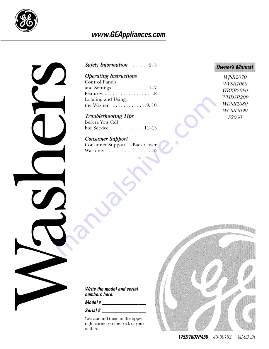 GE WlSR2070 Owner'S Manual Download Page 1