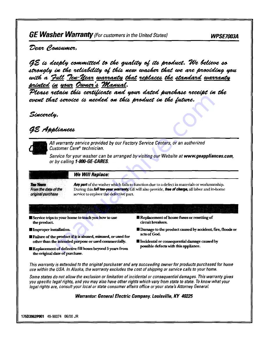 GE WPSE7003 Owner'S Manual Download Page 20