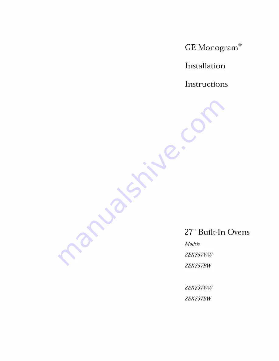 GE ZEK 75 7WW Installation Instructions Manual Download Page 1