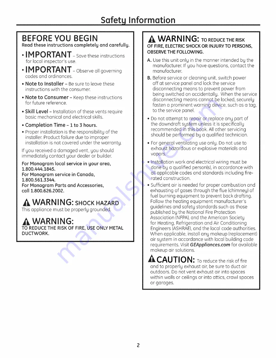 GE ZVB30ST4SS Installation Instructions Manual Download Page 2