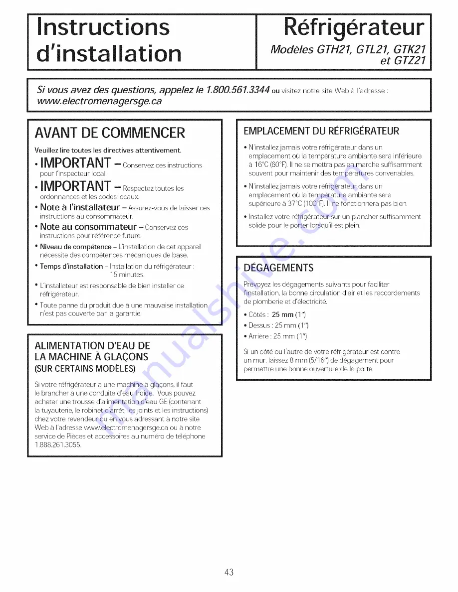 GEAppliances GTL27 Owner'S Manual And Installation Instructions Download Page 43