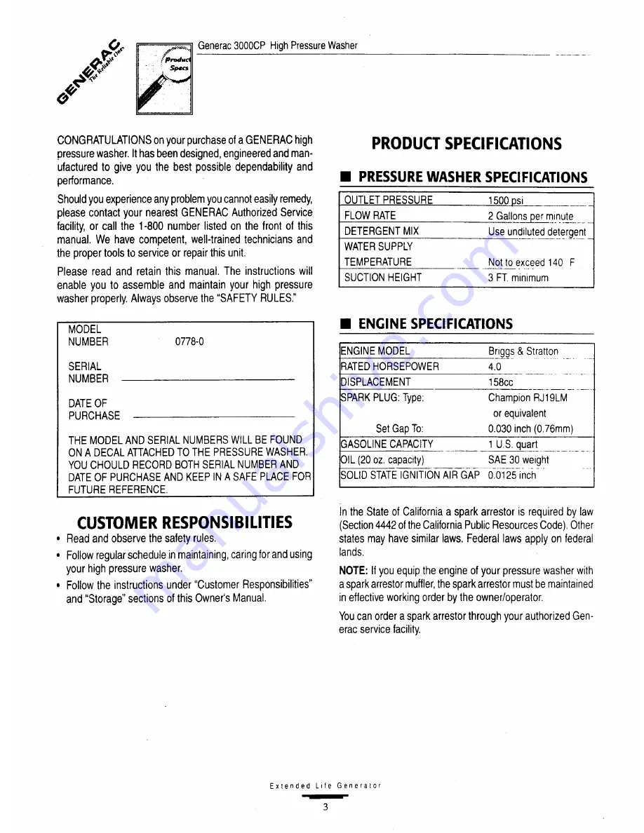 Generac Power Systems 3000CP Owner'S Manual Download Page 3