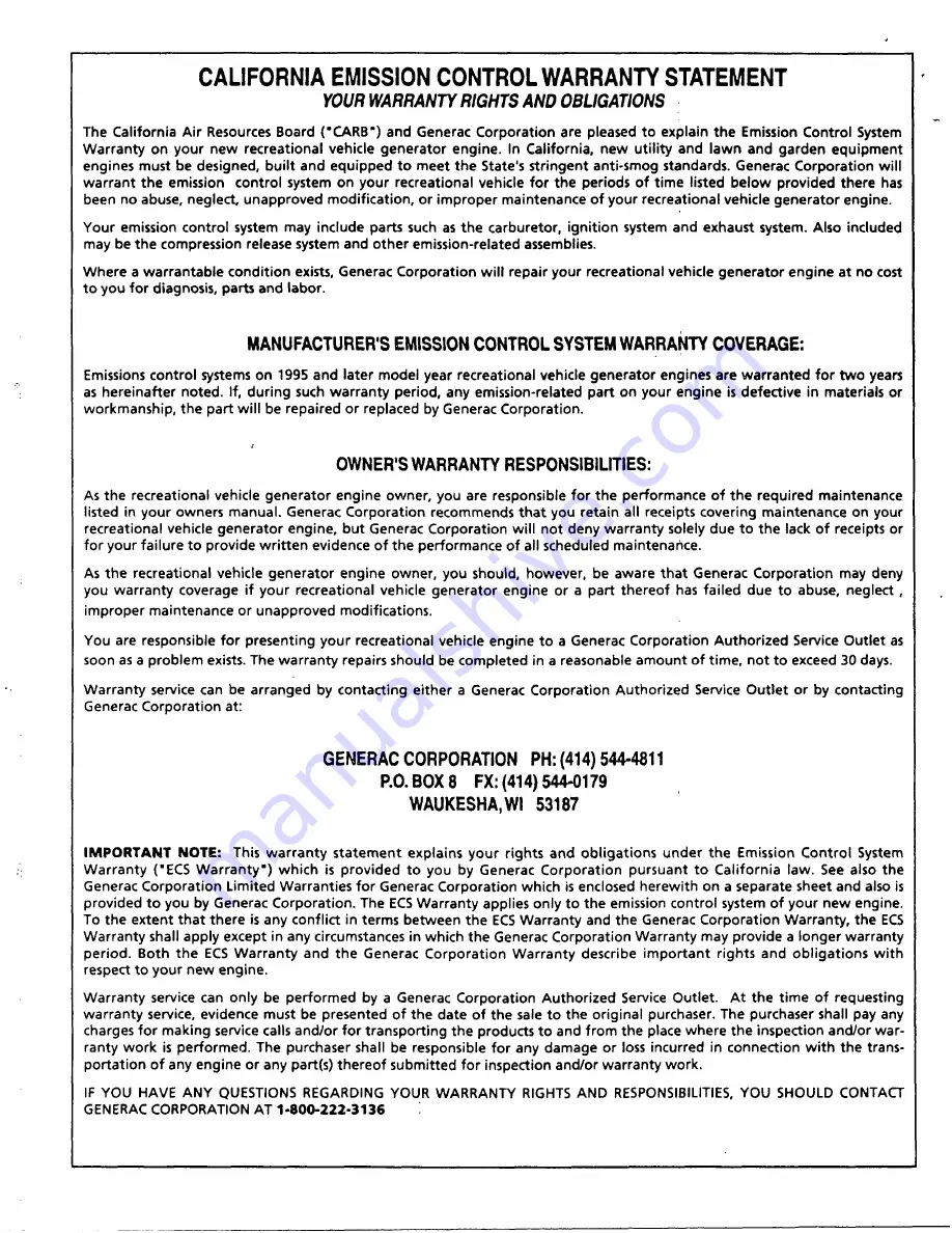 Generac Power Systems 9600-3 Owner'S Manual Download Page 30