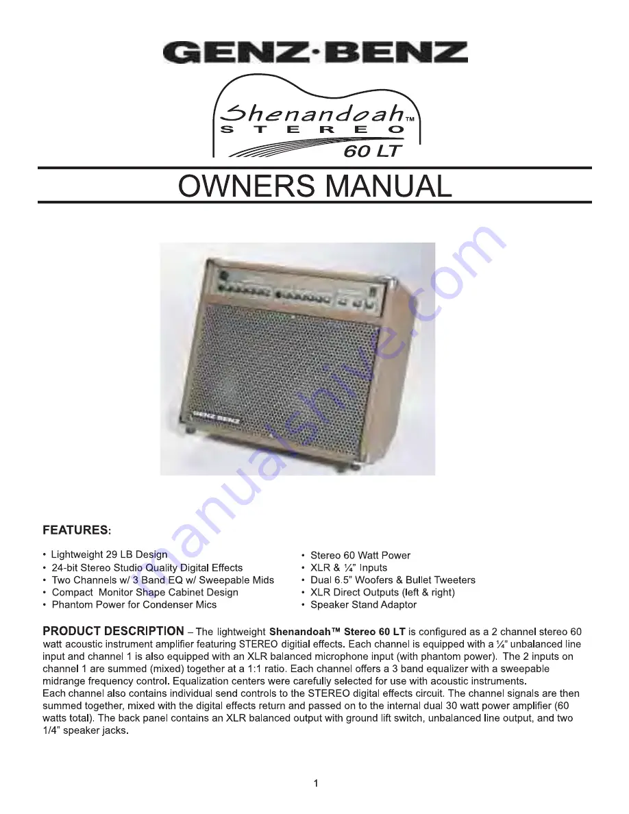 Genz Benz SHENANDOAH Stereo 60 LT Owner'S Manual Download Page 1