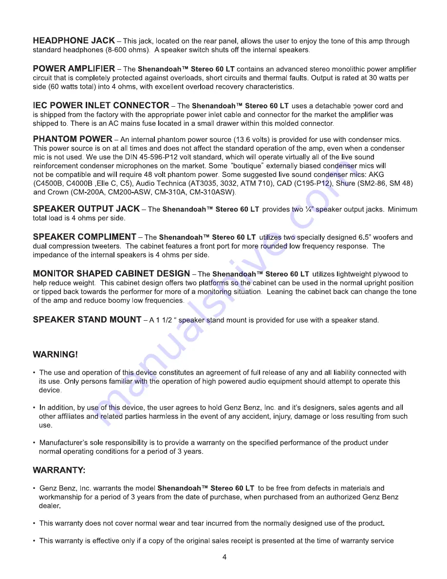 Genz Benz SHENANDOAH Stereo 60 LT Owner'S Manual Download Page 4