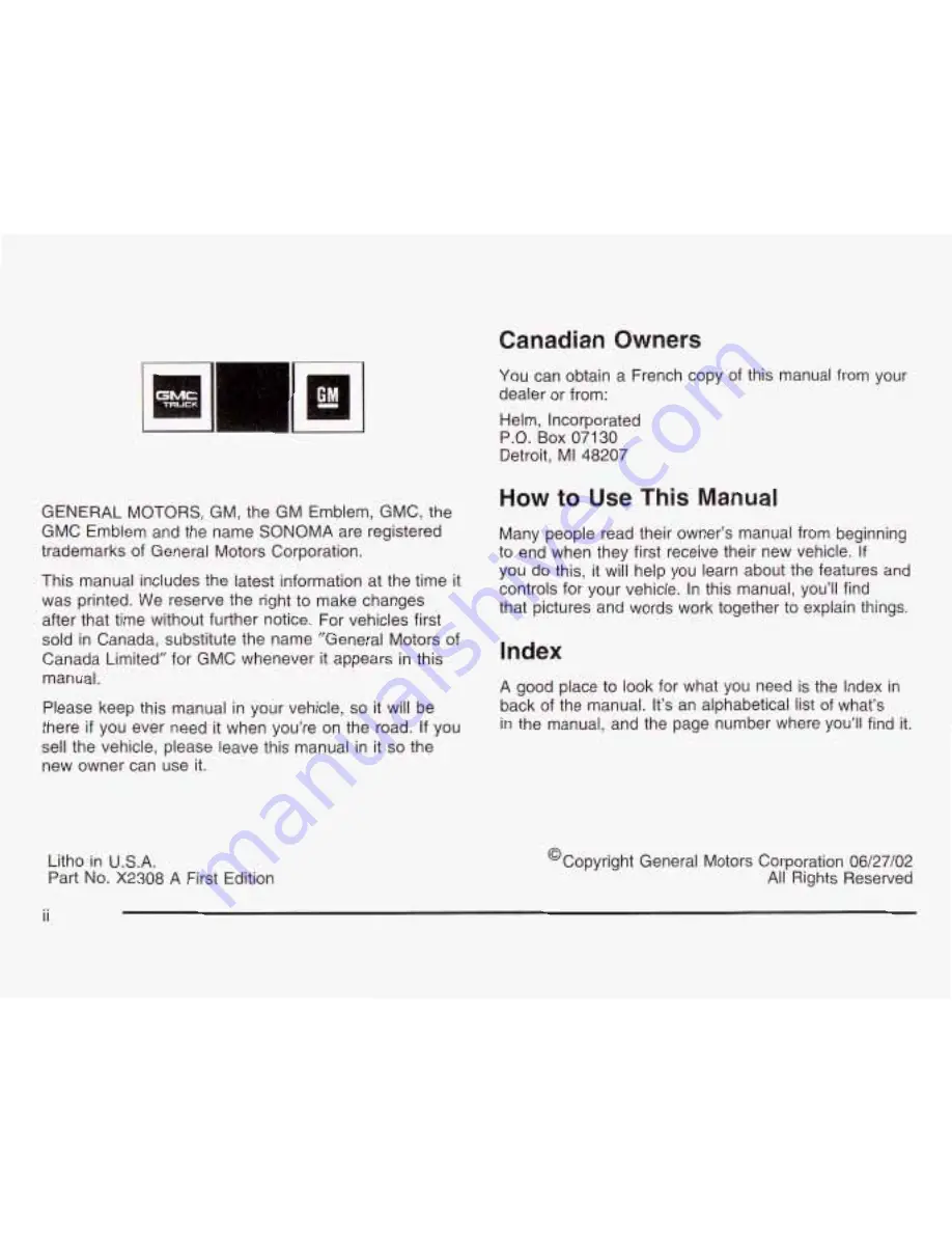 GMC 2003 Sonoma Owner'S Manual Download Page 3