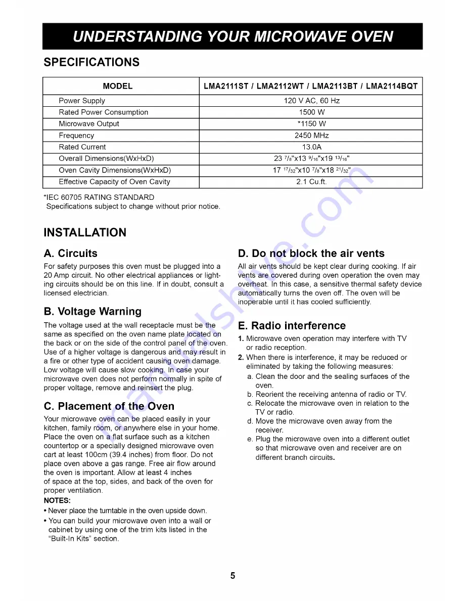 Goldstar MA2130B Owner'S Manual & Cooking Manual Download Page 5