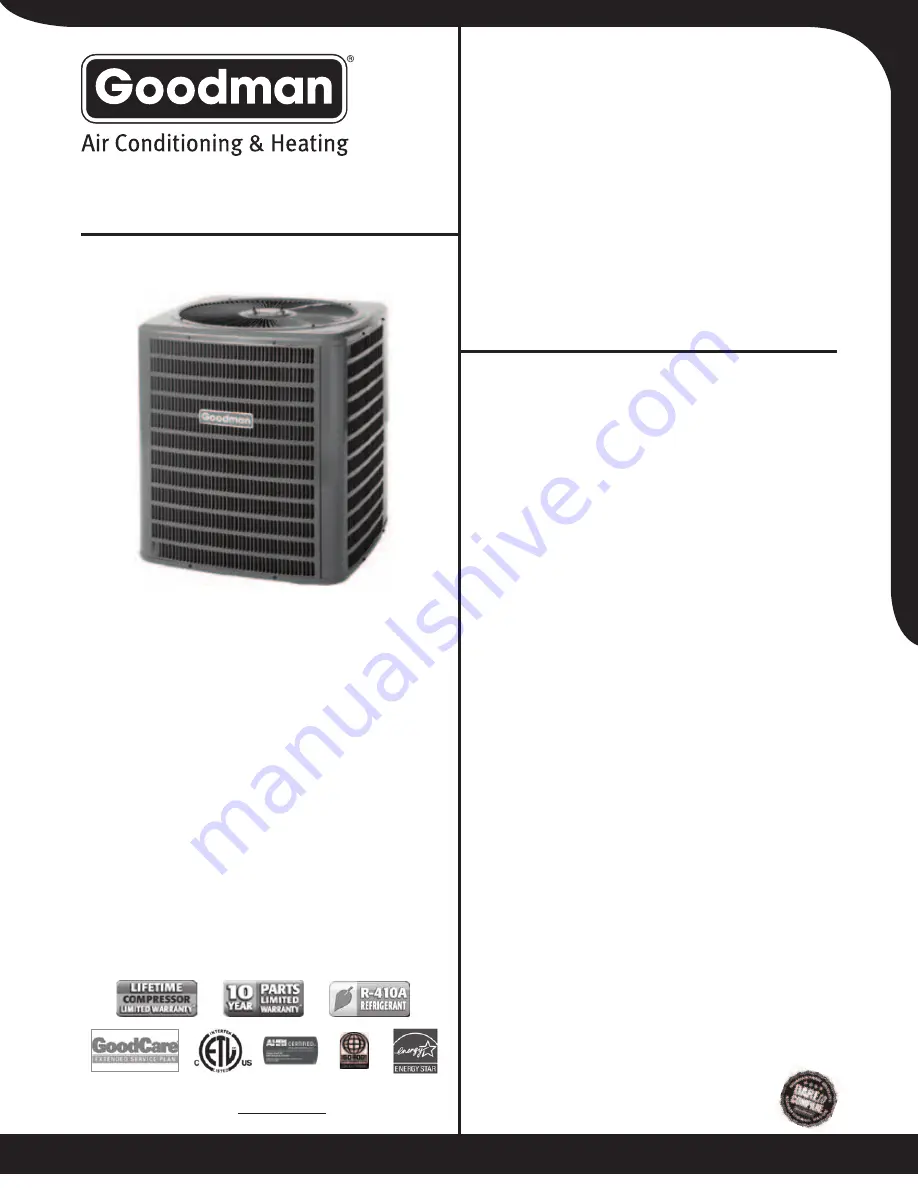 Goodman SSZ16 Product Specifications Download Page 1