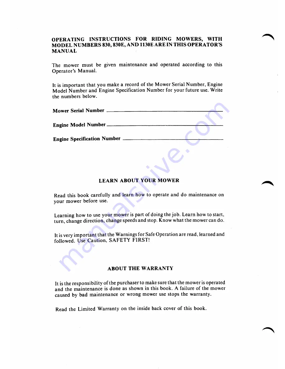 Gravely 1130E Operator'S Manual Download Page 2