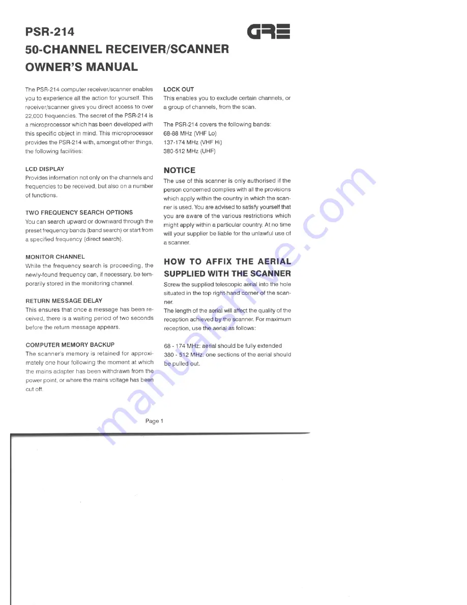 GRE PSR-214 Owner'S Manual Download Page 1