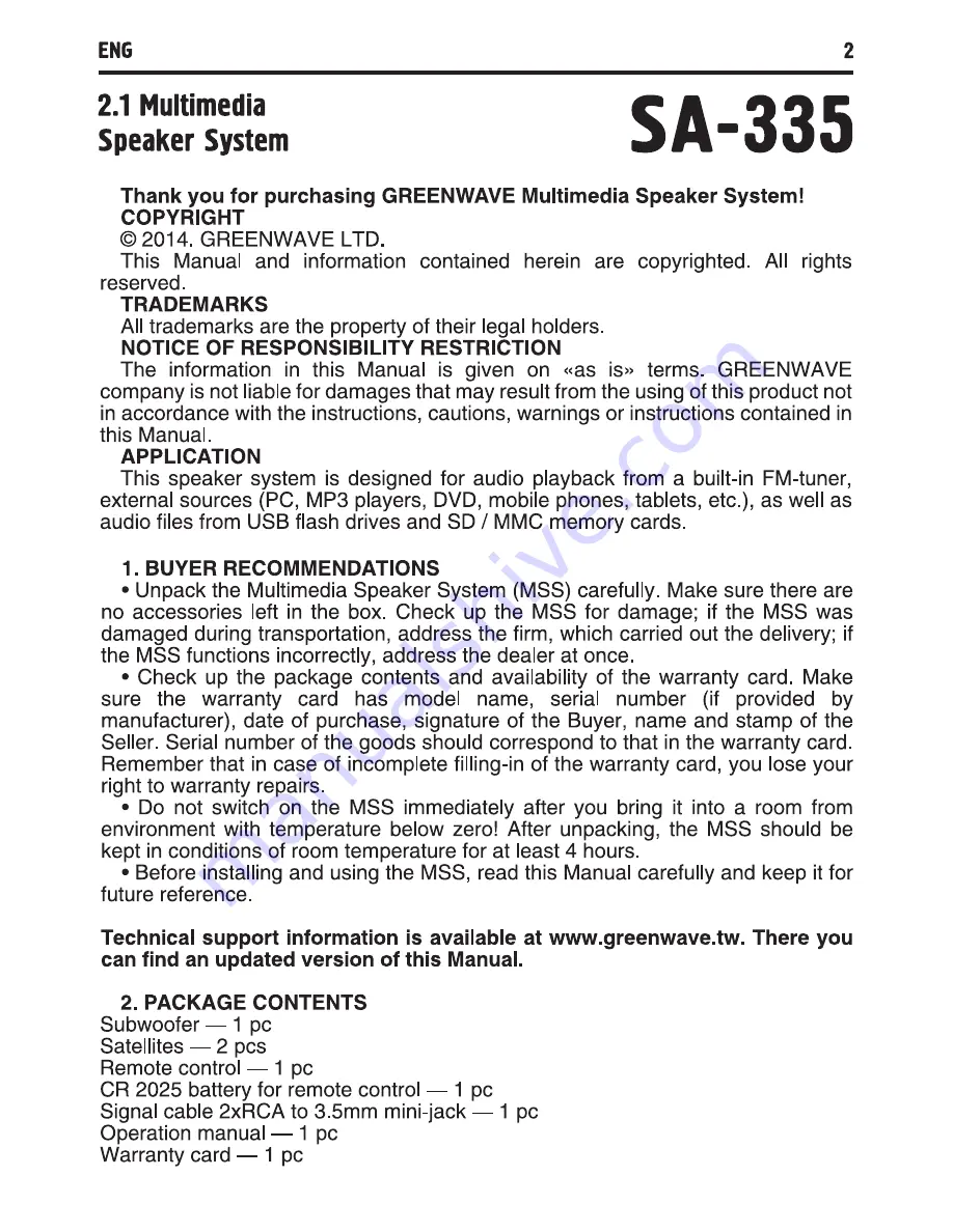 GreenWave SA-335 Operation Manual Download Page 2