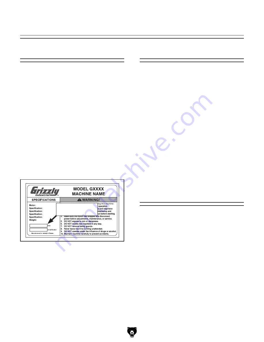 Grizzly G0555L Owner'S Manual Download Page 4