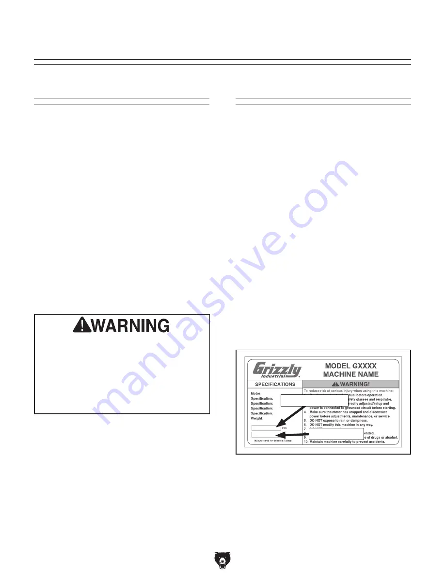 Grizzly G0555XH Owner'S Manual Download Page 4