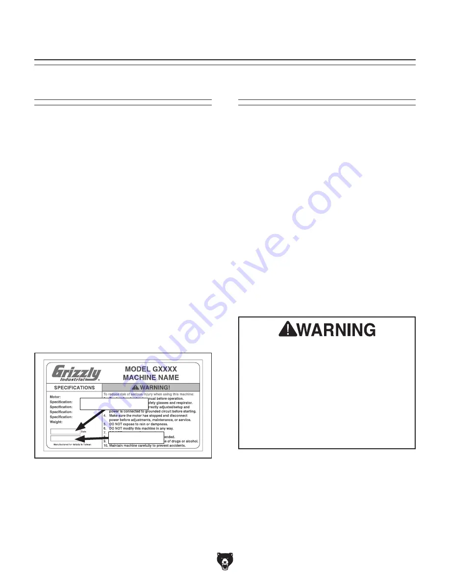 Grizzly G0580 Owner'S Manual Download Page 4