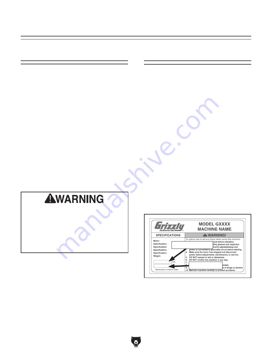 Grizzly G0636X Owner'S Manual Download Page 4