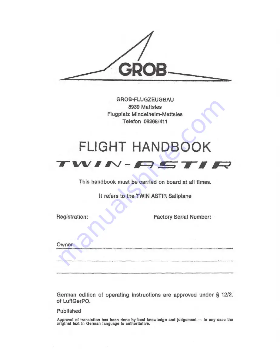 Grob TWIN-ASTIR Flight Handbook Download Page 1